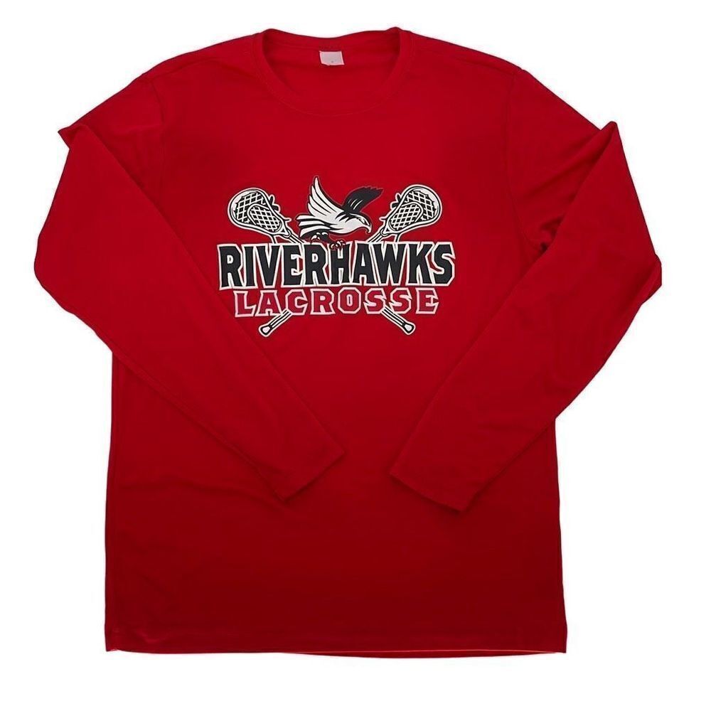 Riverhawks Lacrosse Shirt Long Sleeve Graphic Active‎ Crewneck Unisex Red Small